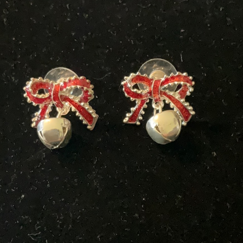 Festive Red Bow and Silver Bell Christmas Pierced Earrings